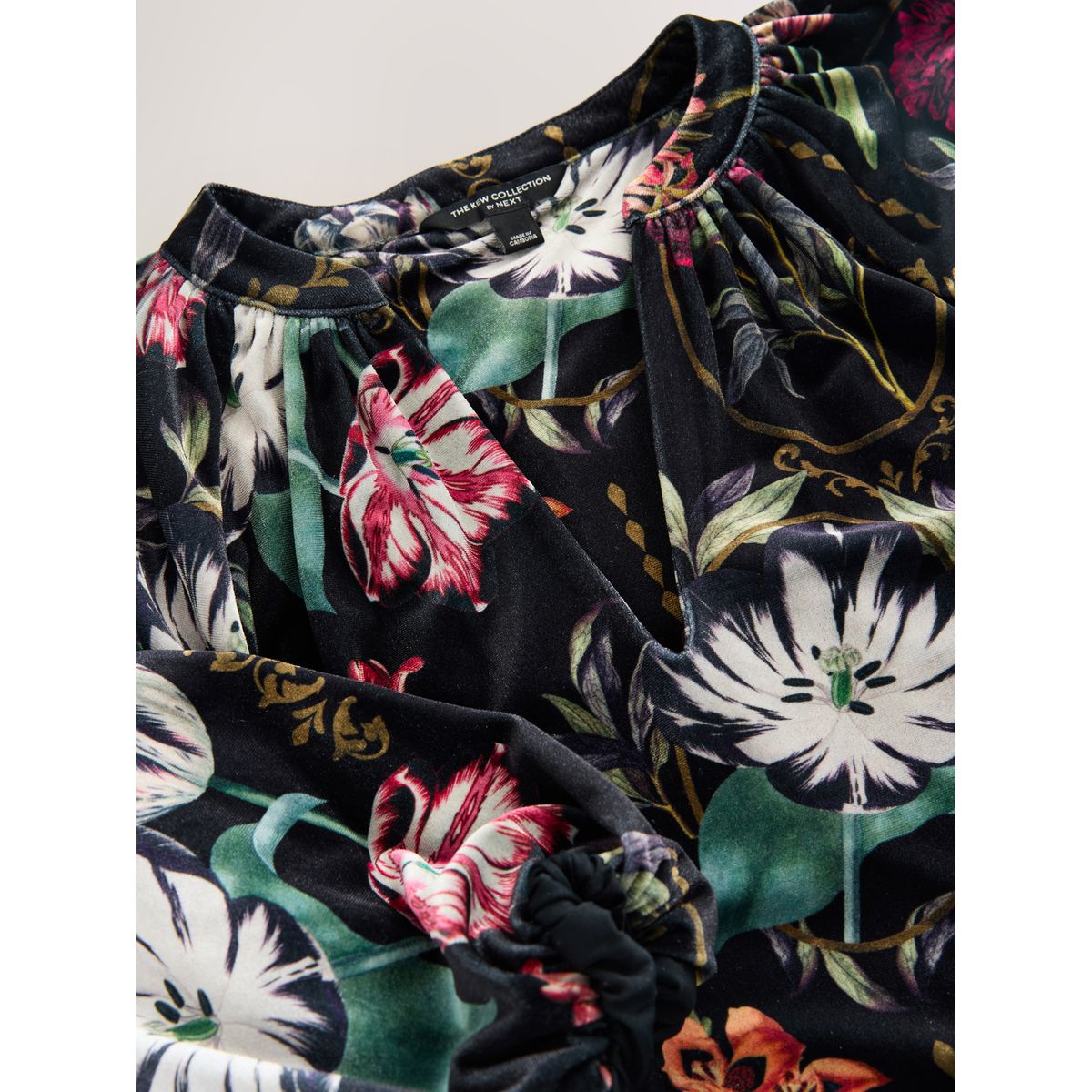 Chemisier en velours manches bouffantes/col v imprimé floral noir de kew, NEXT