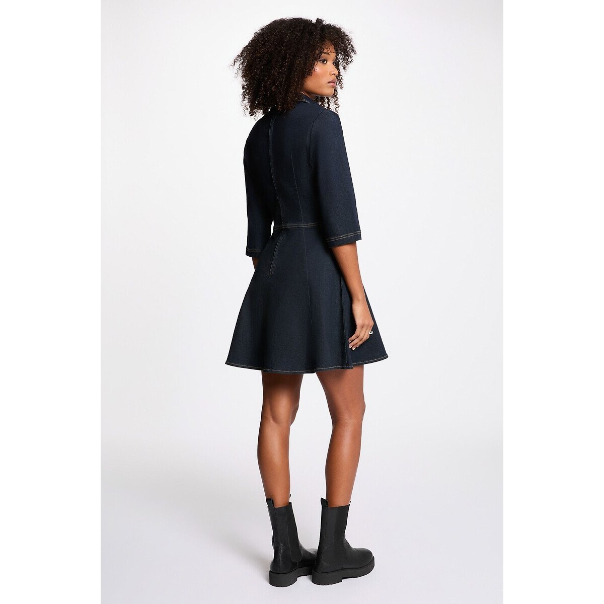Robe courte en jean manches longues col chemise bleu brut, MORGAN