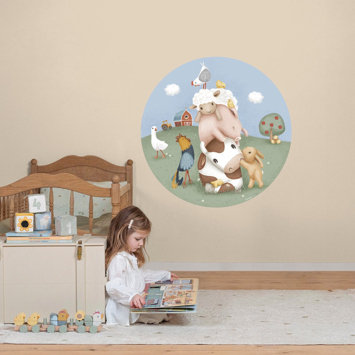 Papier peint rond pour enfant Petits animaux de la ferme vert, bleu, rose, LITTLE DUTCH
