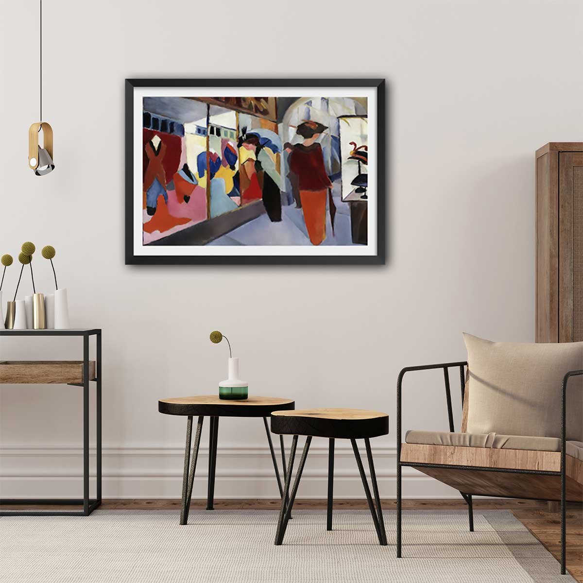 Poster La boutique de mode par August Macke affiche + cadre en bois - noir, HEXOA