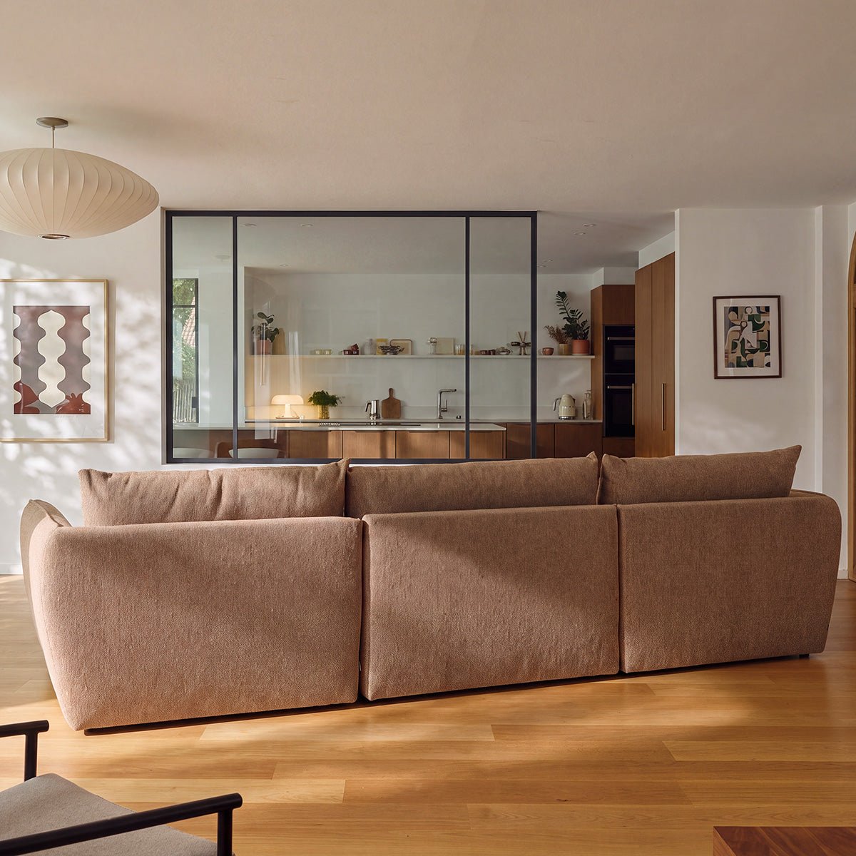 Canapé modulable angle gauche 3 places en tissu texturé LEOPOLD marron clair chiné, BERAH GETAH