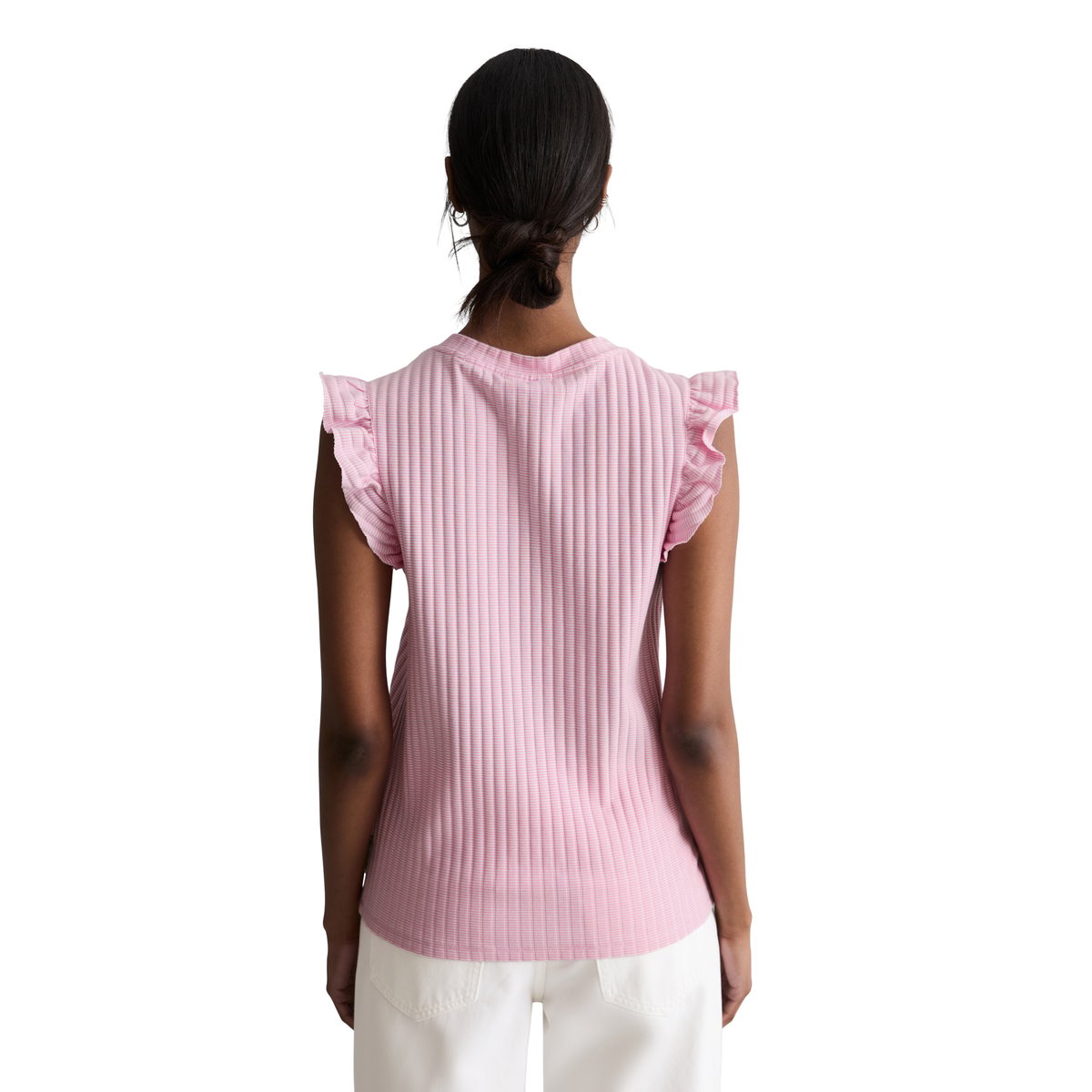 Top à volants sans manches regular en coton bio mélangé rose pale, MARC O’POLO DENIM