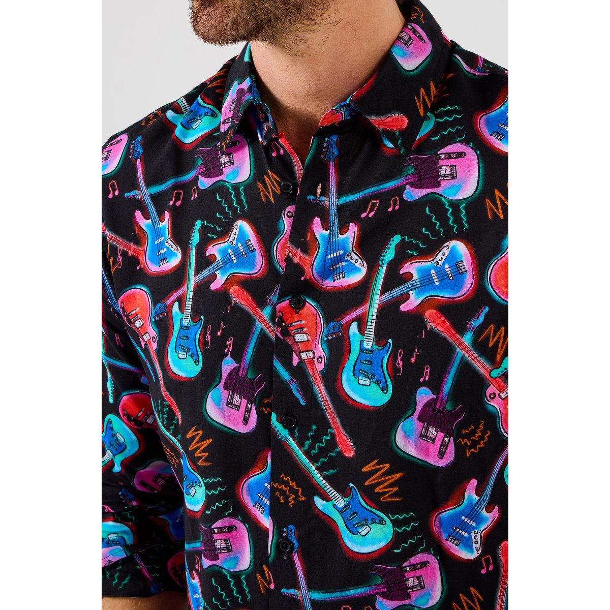 Chemise à manches longues imprimé guitare néon multicolore, JOE BROWNS