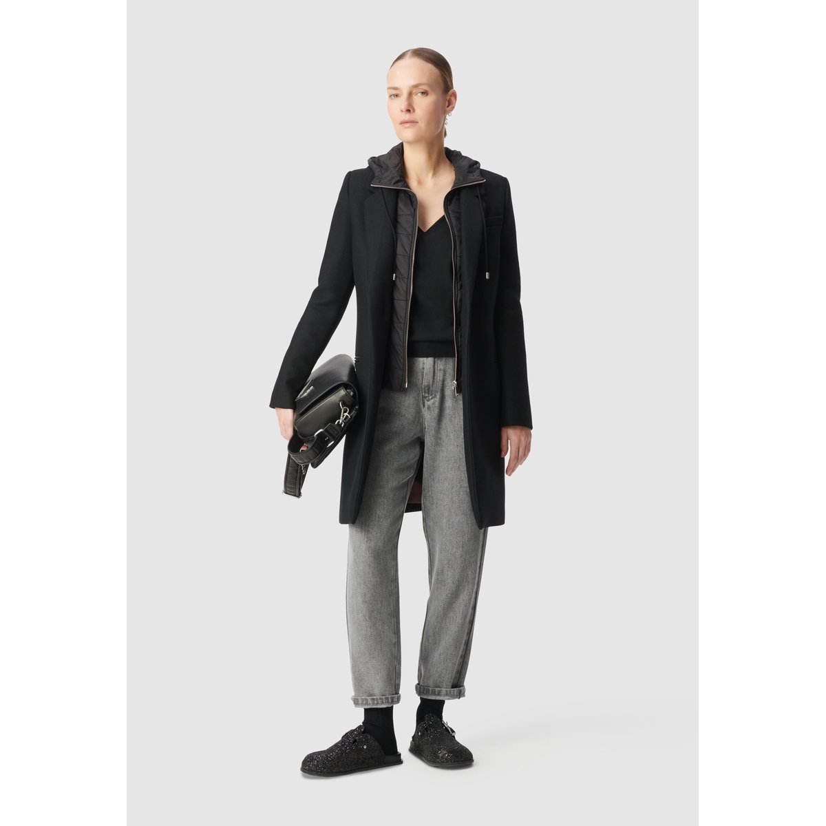 Manteau capuche en drap de laine noir, IKKS