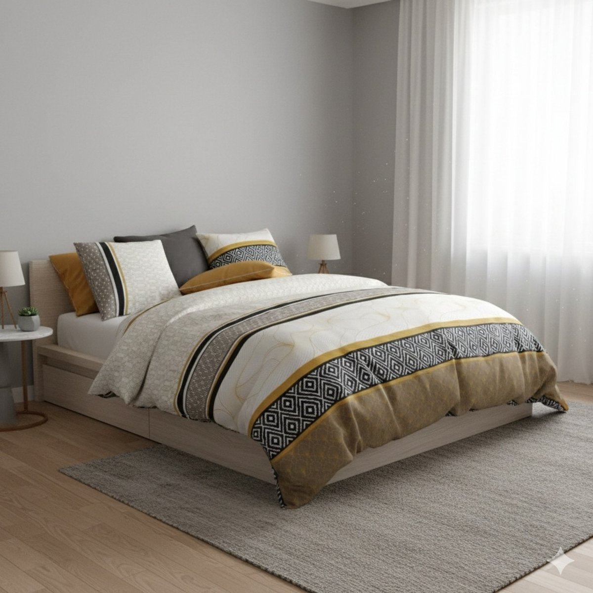 Housse couette + 2 taies Cario jaune, EDEN
