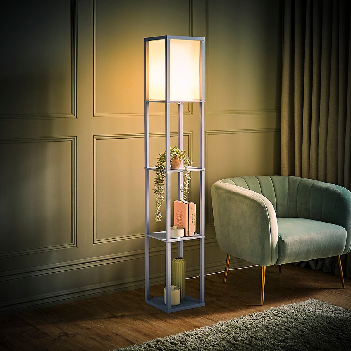 Scottie Painted Wooden Shelves Floor Lamp blue, SO'HOME