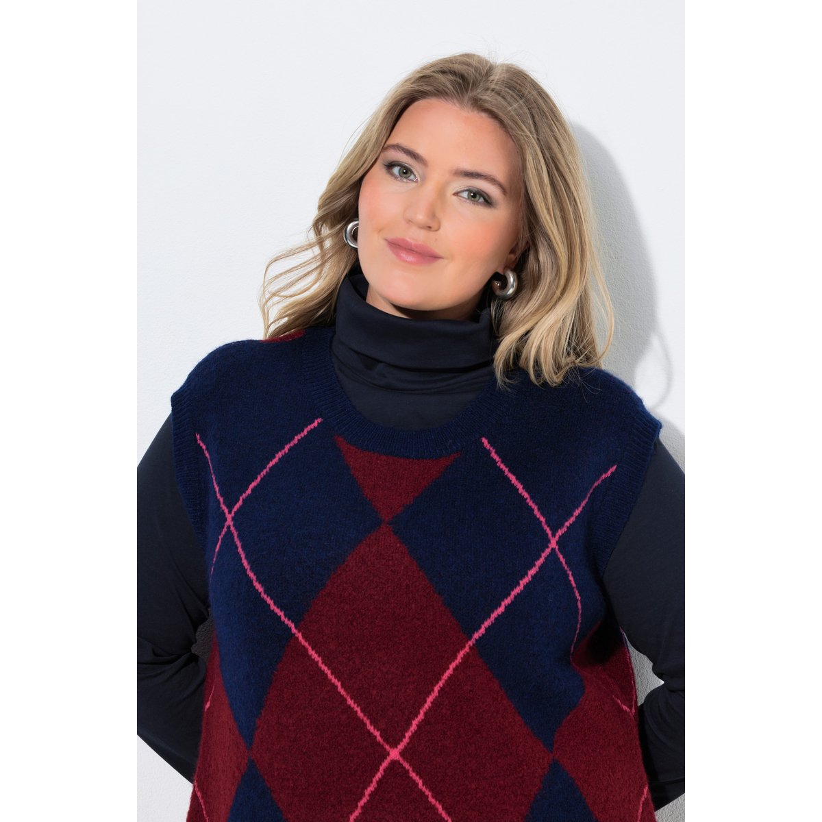 Pull sans manches, motif losange et col rond bleu encre, ULLA POPKEN
