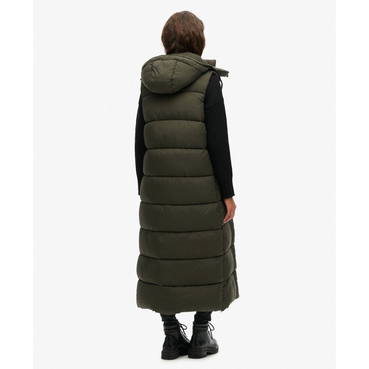Gilet à capuche long sans manches Ripstop kaki quadrillé, SUPERDRY