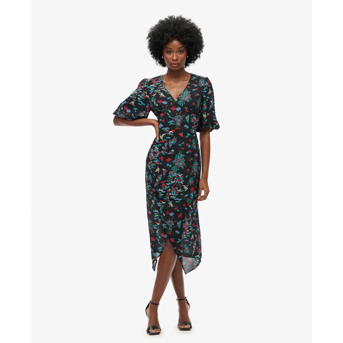 Robe mi-longue transparente à manches courtes noir imprimé grue, SUPERDRY