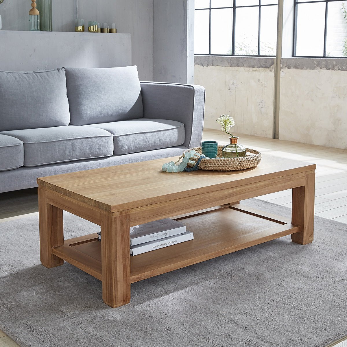 Table basse en teck massif 120 cm double plateau BOSTON naturel, BERAH GETAH