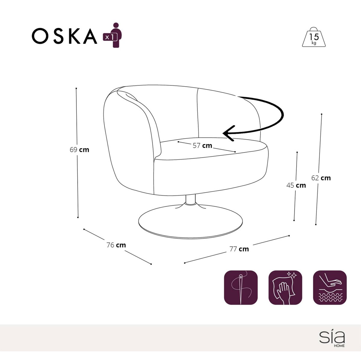 Fauteuil de salon pivotant en velours texturé OSKA bordeaux, SIA HOME