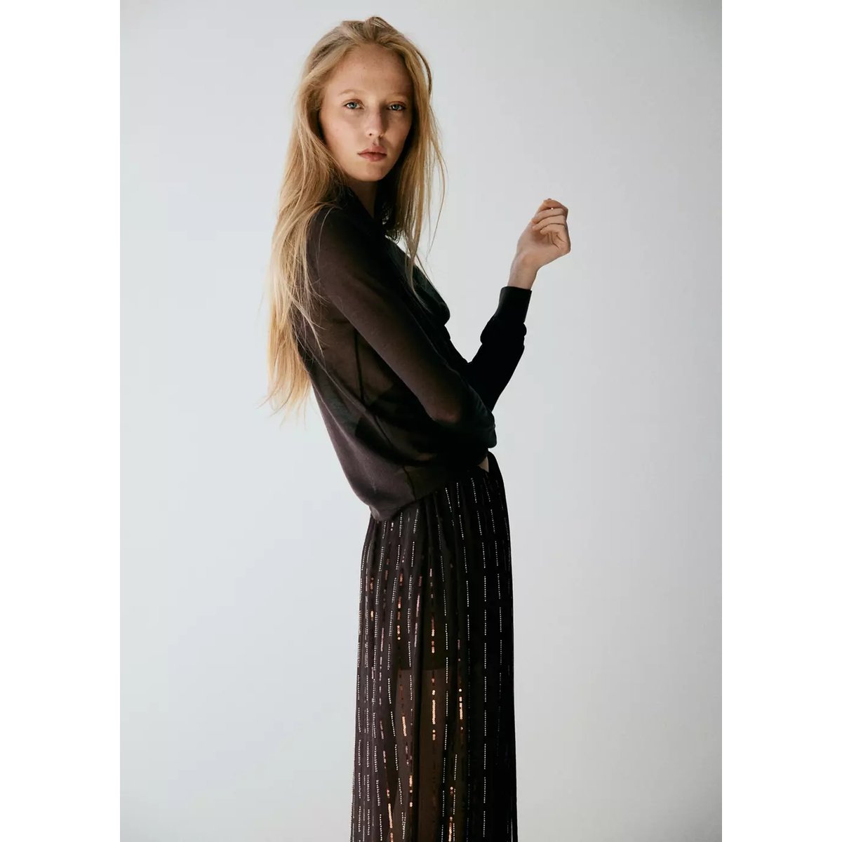 Pantalon bouffant à paillettes marron, MANGO