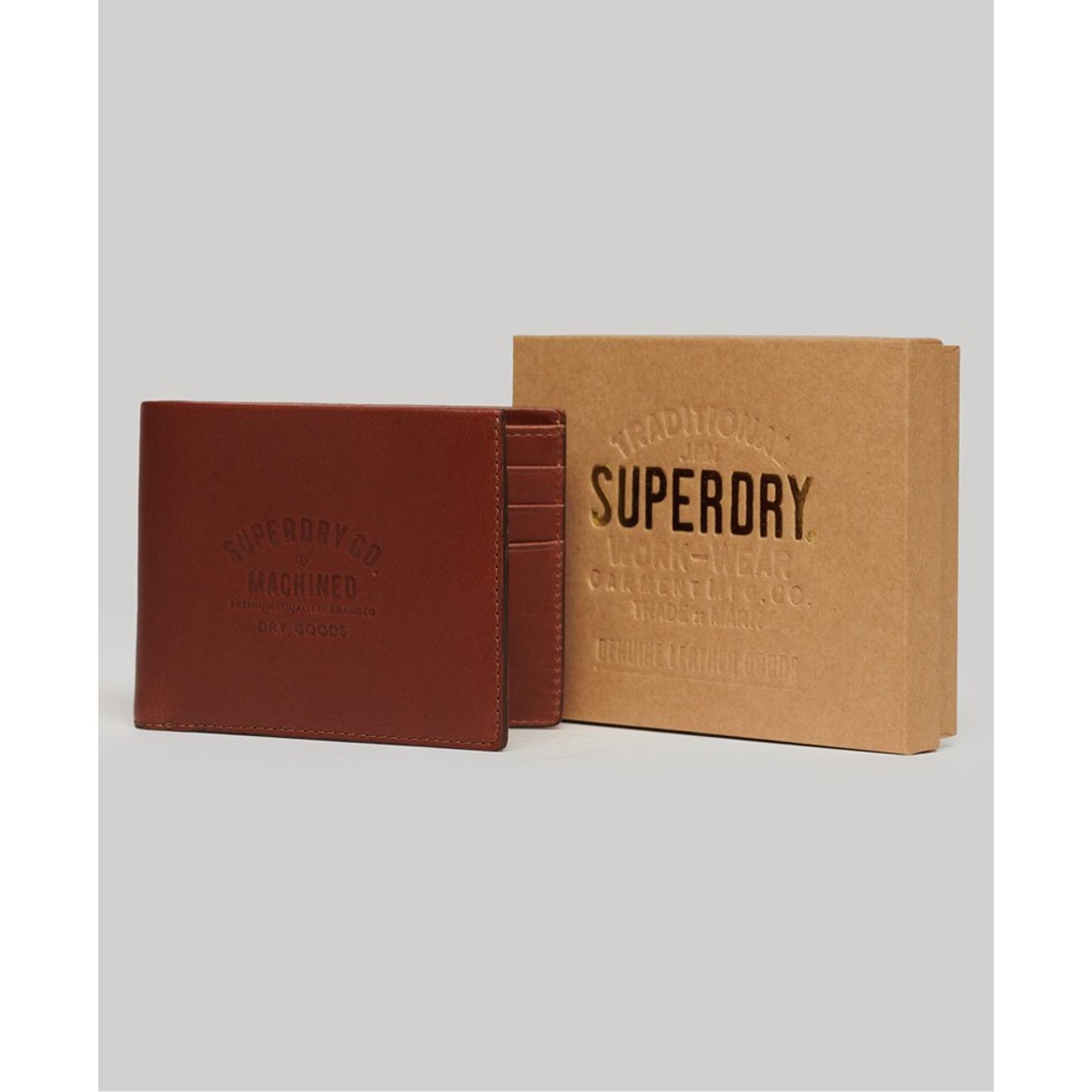 Portefeuille en cuir dans sa boîte marron cognac, SUPERDRY