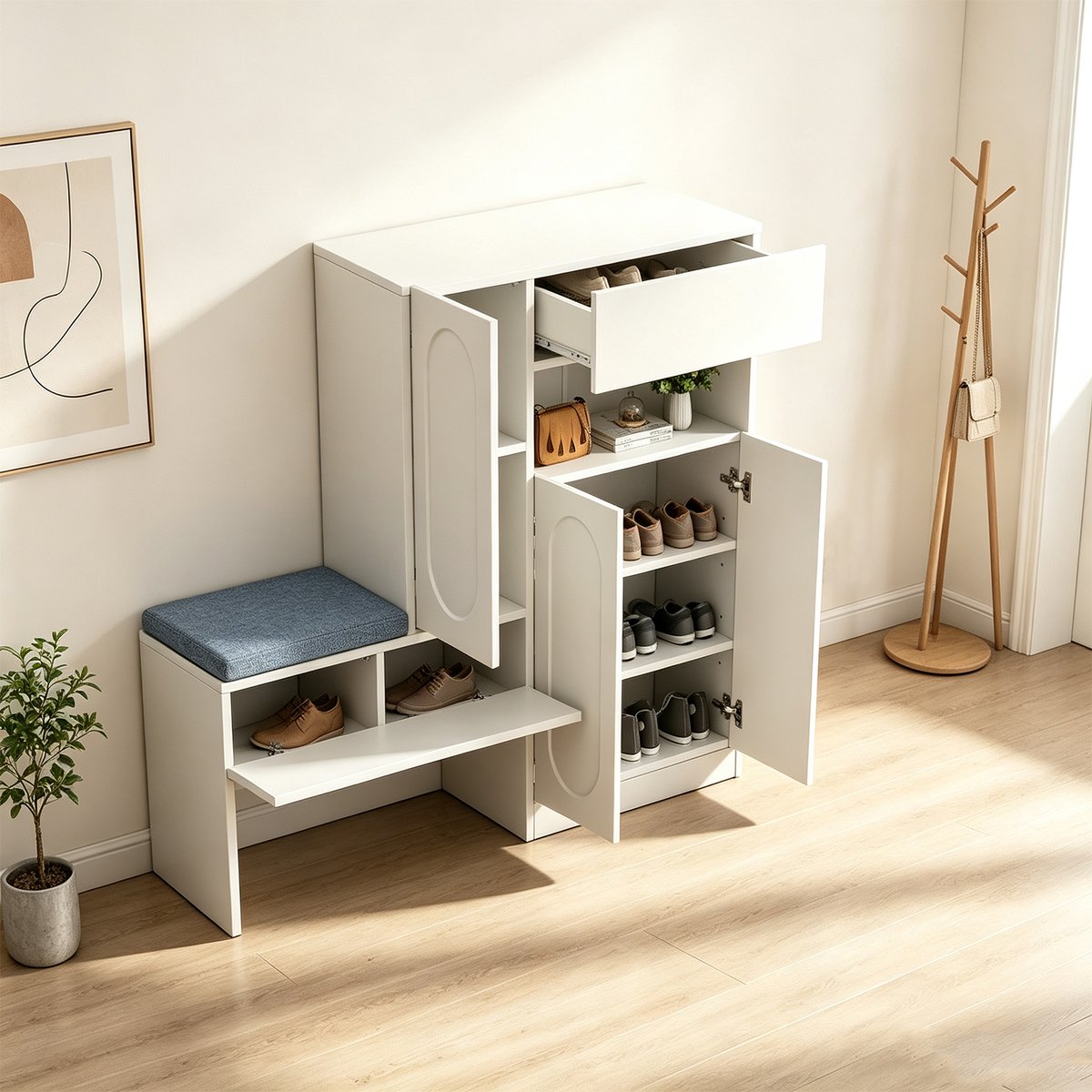 Meuble à chaussures avec banc et rangements, PORCH-C blanc, MEUBLES COSY