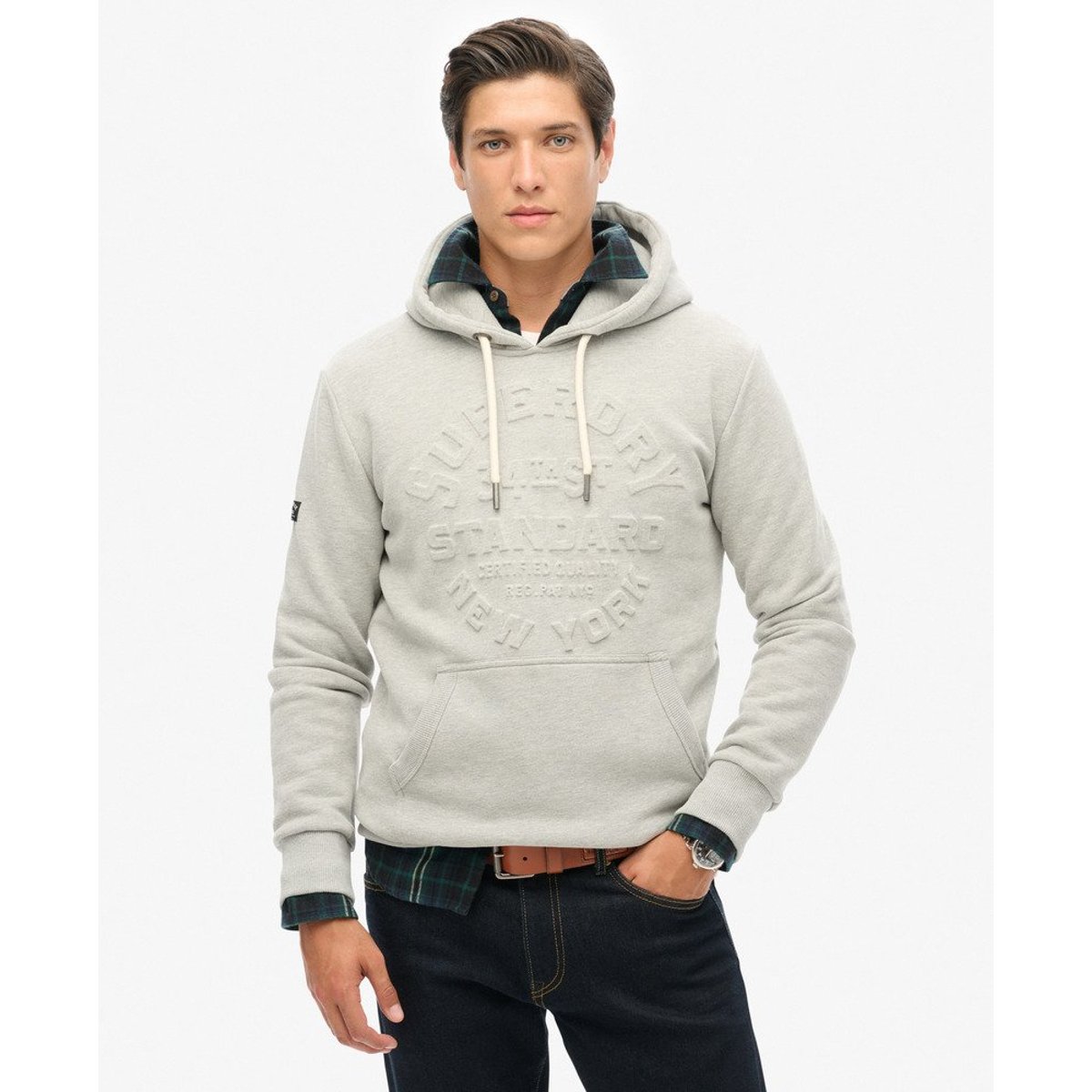 Sweat à capuche à logo en relief pierre ponce beige chiné, SUPERDRY