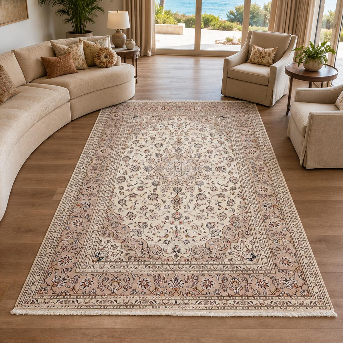 Tapis d'orient au motif oriental noué à la main, KASHAN 3 crème, beige, bleu, UN AMOUR DE TAPIS