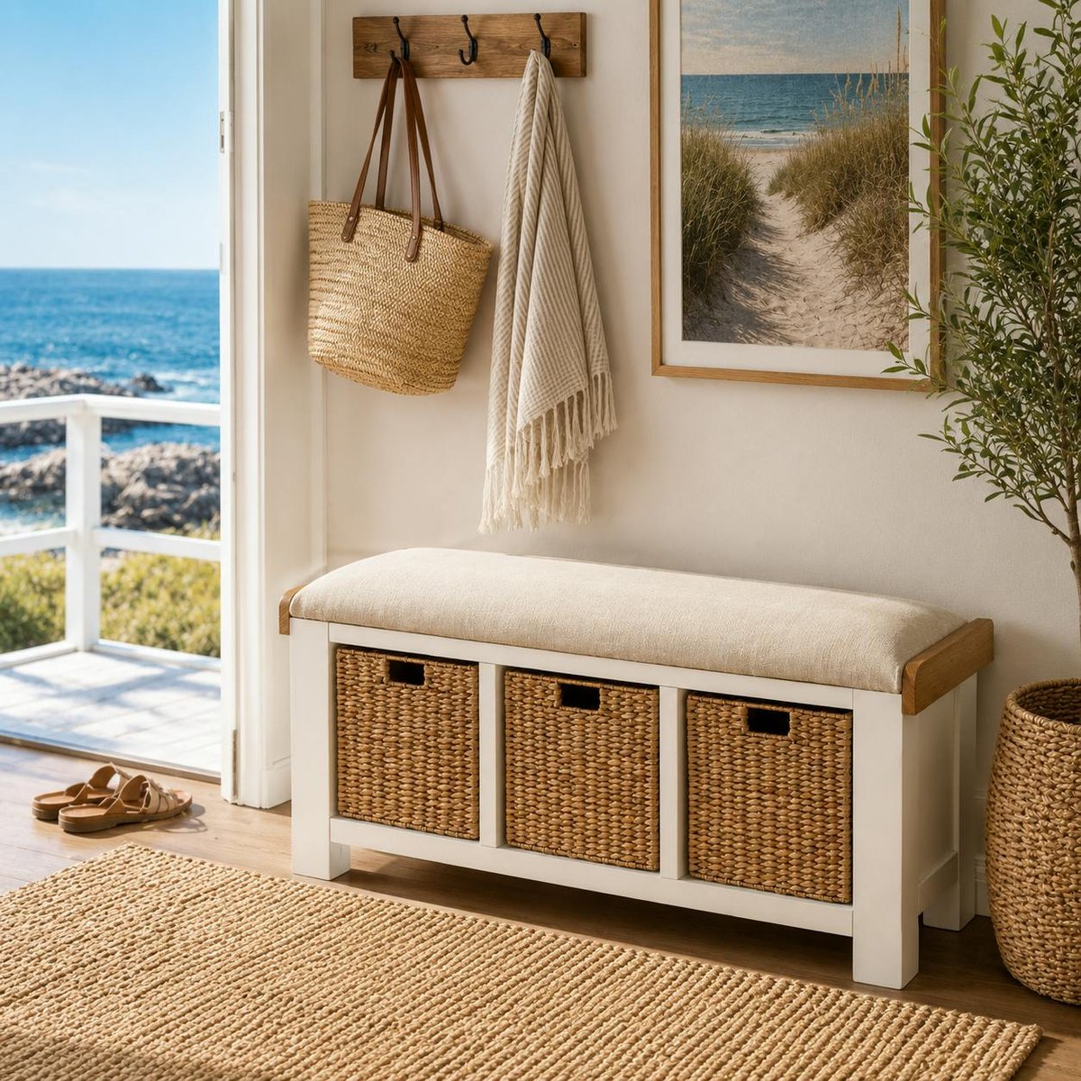 Banc d'entrée blanc coussin d'assise et paniers rangement VELIA blanc, PIER IMPORT