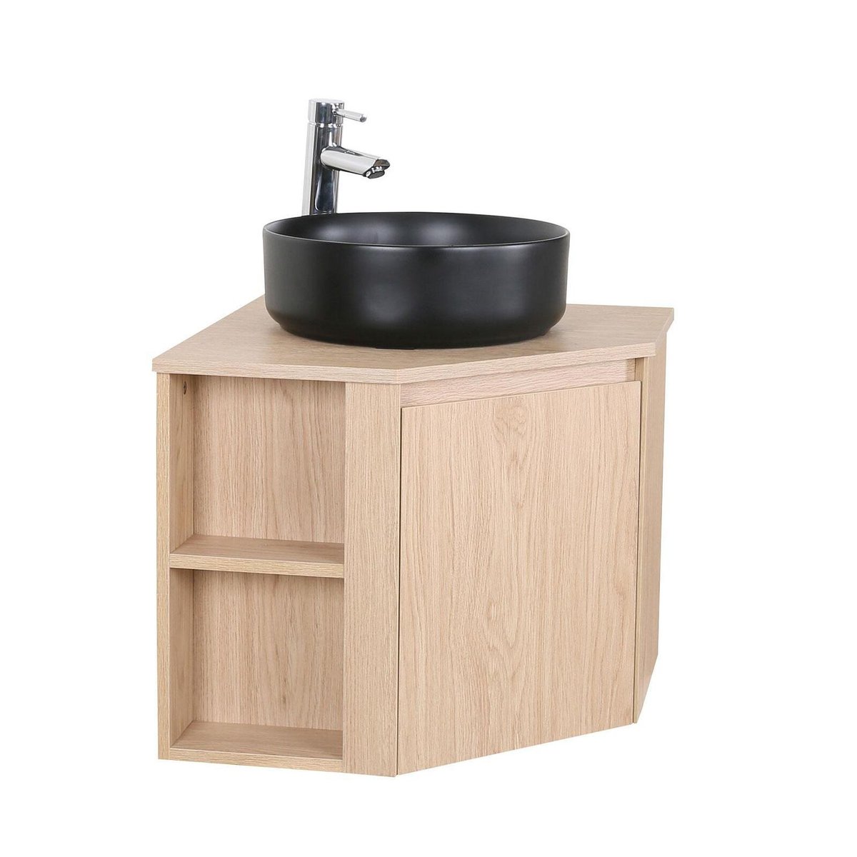 Ensemble meuble sous vasque d'angle + vasque noire + robinet SORRENTO décor chêne, MOB IN