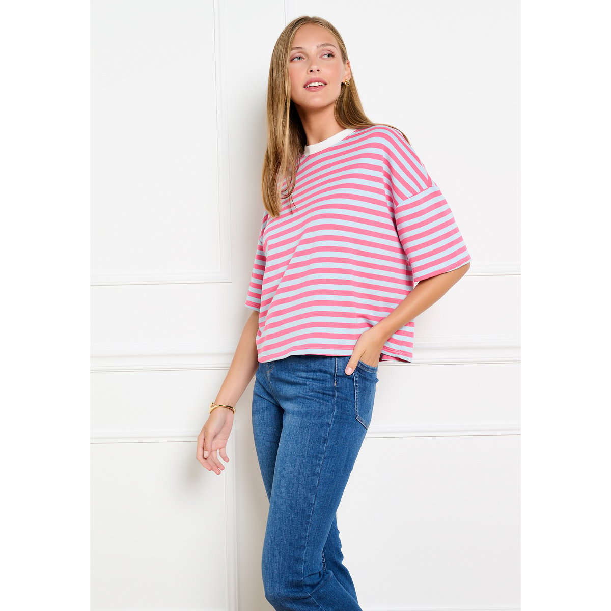 T-shirt rayé manches courtes fuchsia, LOLALIZA