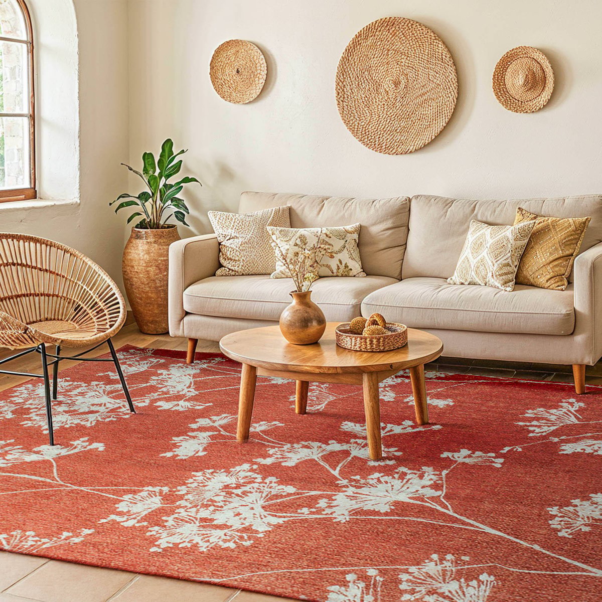 Tapis intérieur extérieur, PARSLEY rouge brique à motif blanc, RECOLLECTION