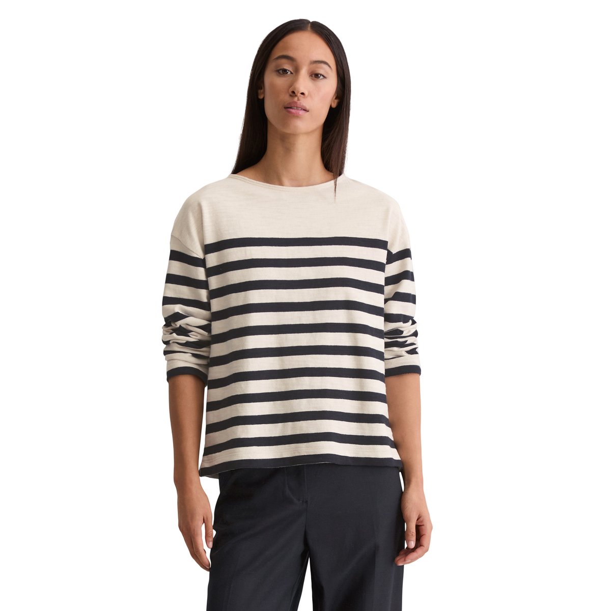 T-shirt long rayé relaxed en jersey heavy slub teint en fil bleu foncé, MARC O'POLO