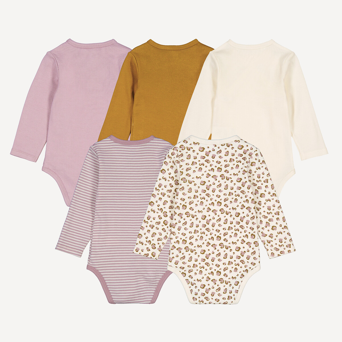Lot de 5 bodies croisés manches longues, en coton, léopard et rayures ecru + rose + caramel, LA REDOUTE COLLECTIONS