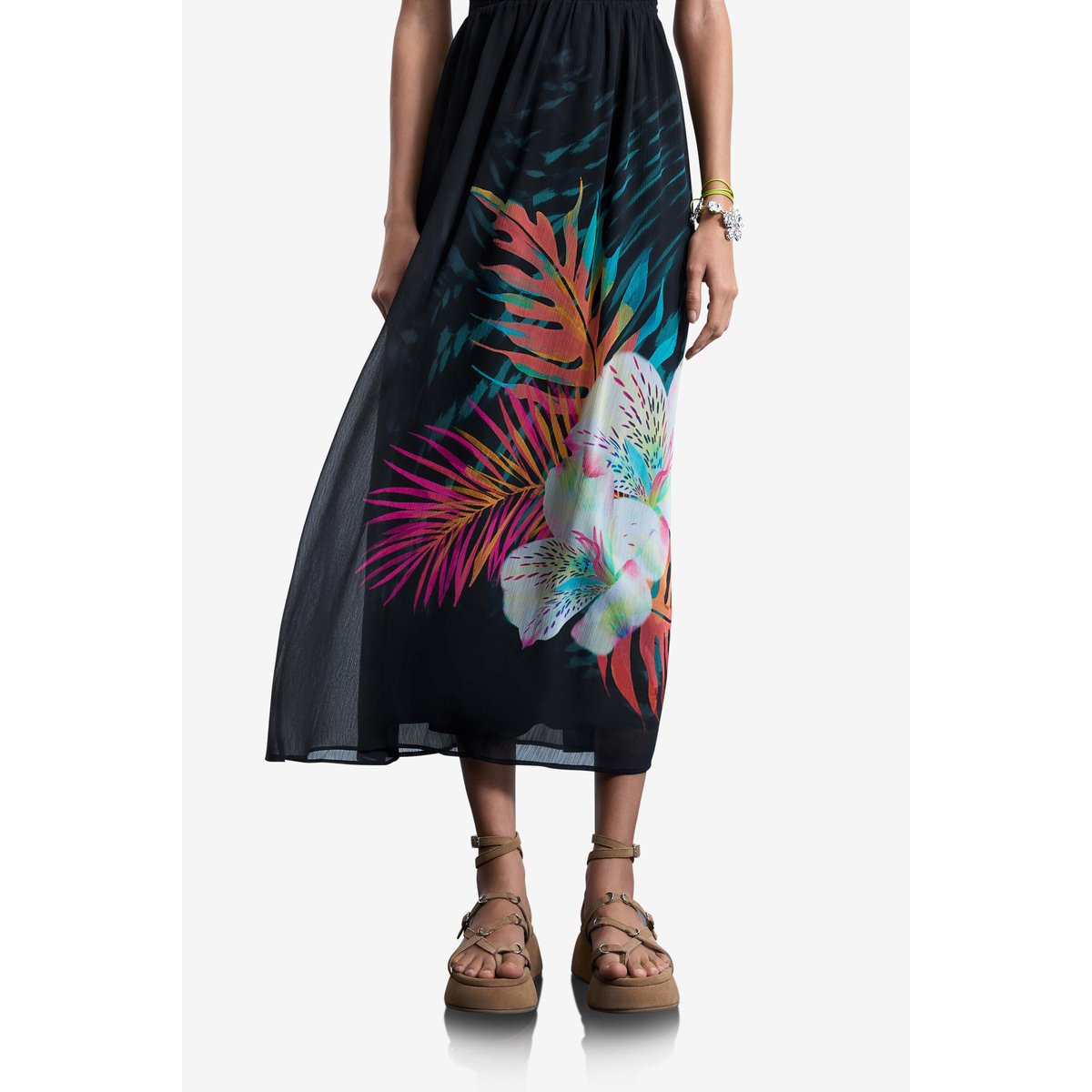Robe halter tropicale noir, DESIGUAL