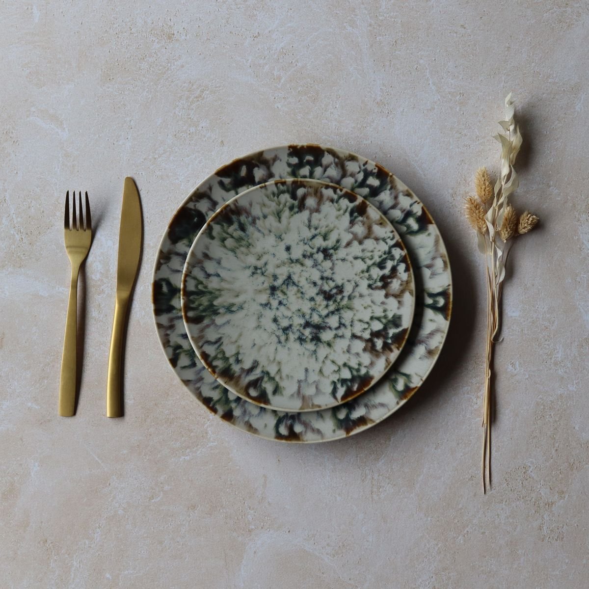 Lot de 6 assiettes plates en porcelaine 27cm, MAKA blanc-bleu-vert, NOVASTYL