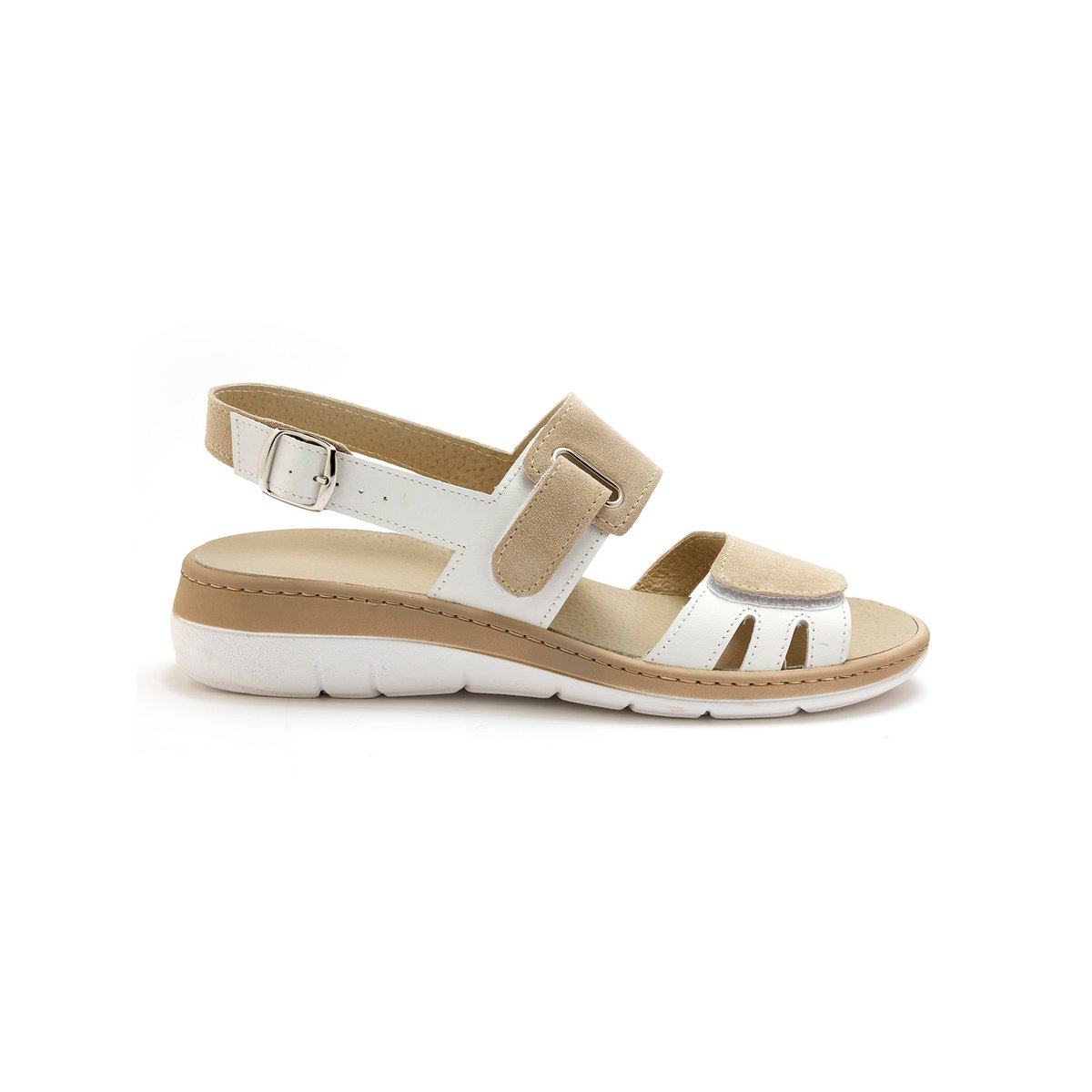 Sandales femme à scratch beige/blanc, PEDICONFORT