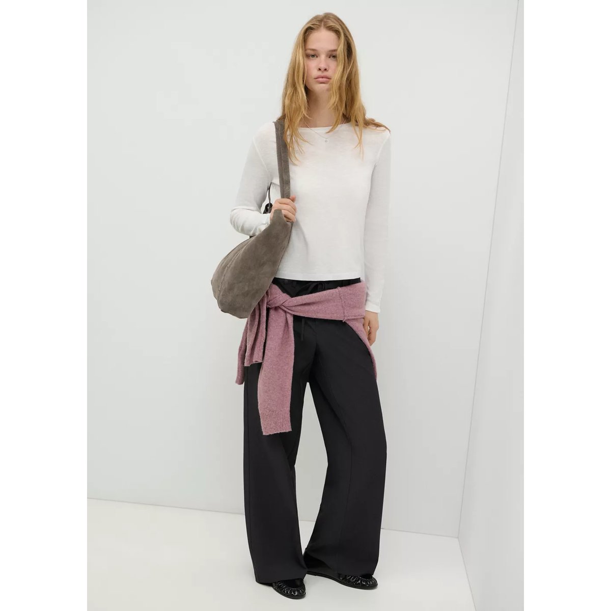 Pantalon droit détail nœud gris, MANGO TEEN