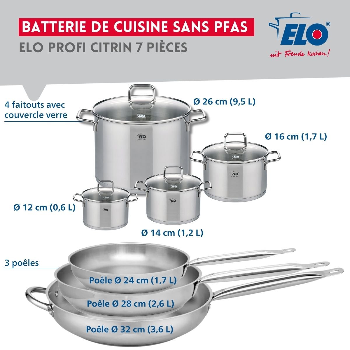 3 poêles 24/28/32cm + 4 faitouts 12/14/16/26cm PROFI CITRIN gris, ELO