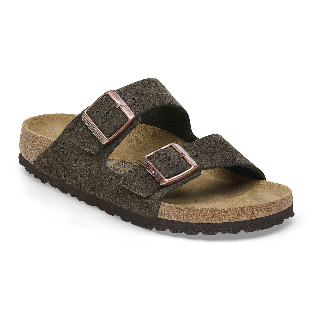 Mules doubles brides en cuir suédé Arizona marron foncé, BIRKENSTOCK