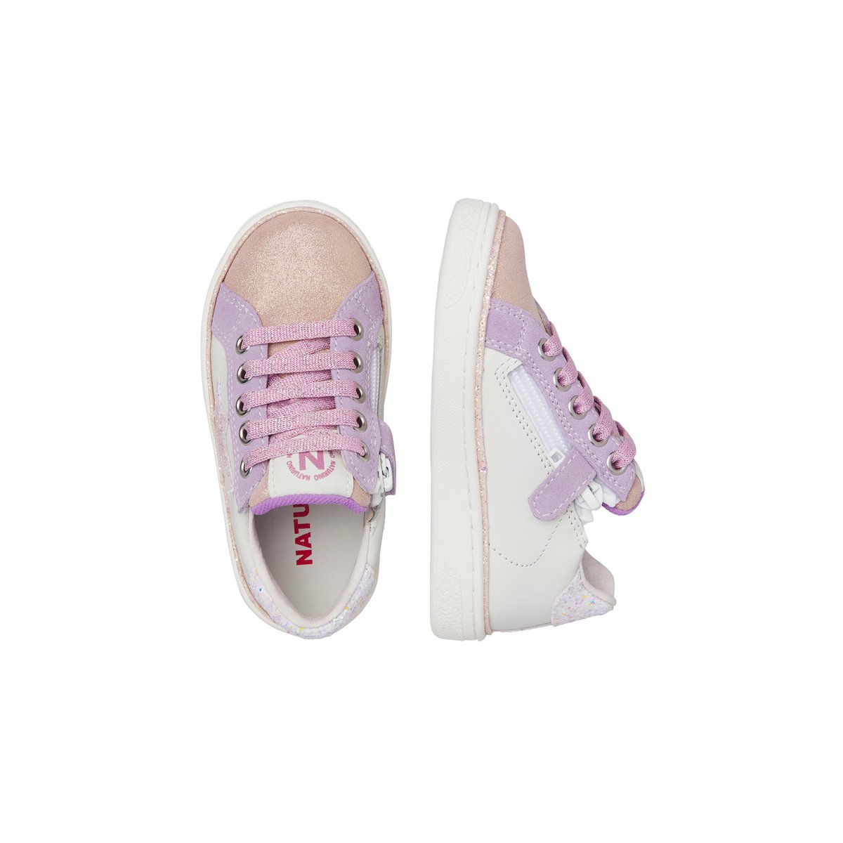 Baskets en cuir et en daim PINN ZIP. blanc-rose, NATURINO