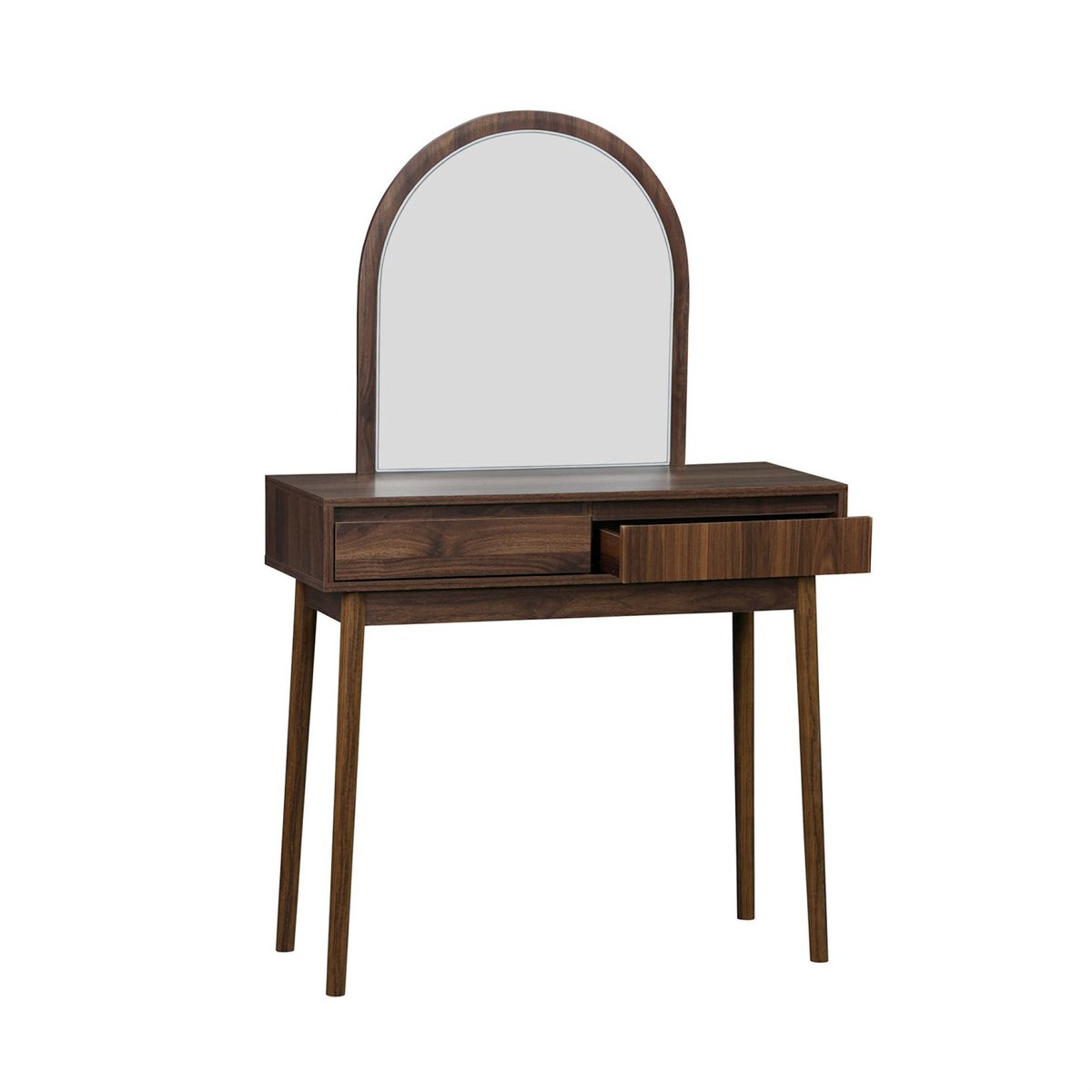 Coiffeuse décor bois miroir arrondi 2 tiroirs LINEAR noyer, SWEEEK