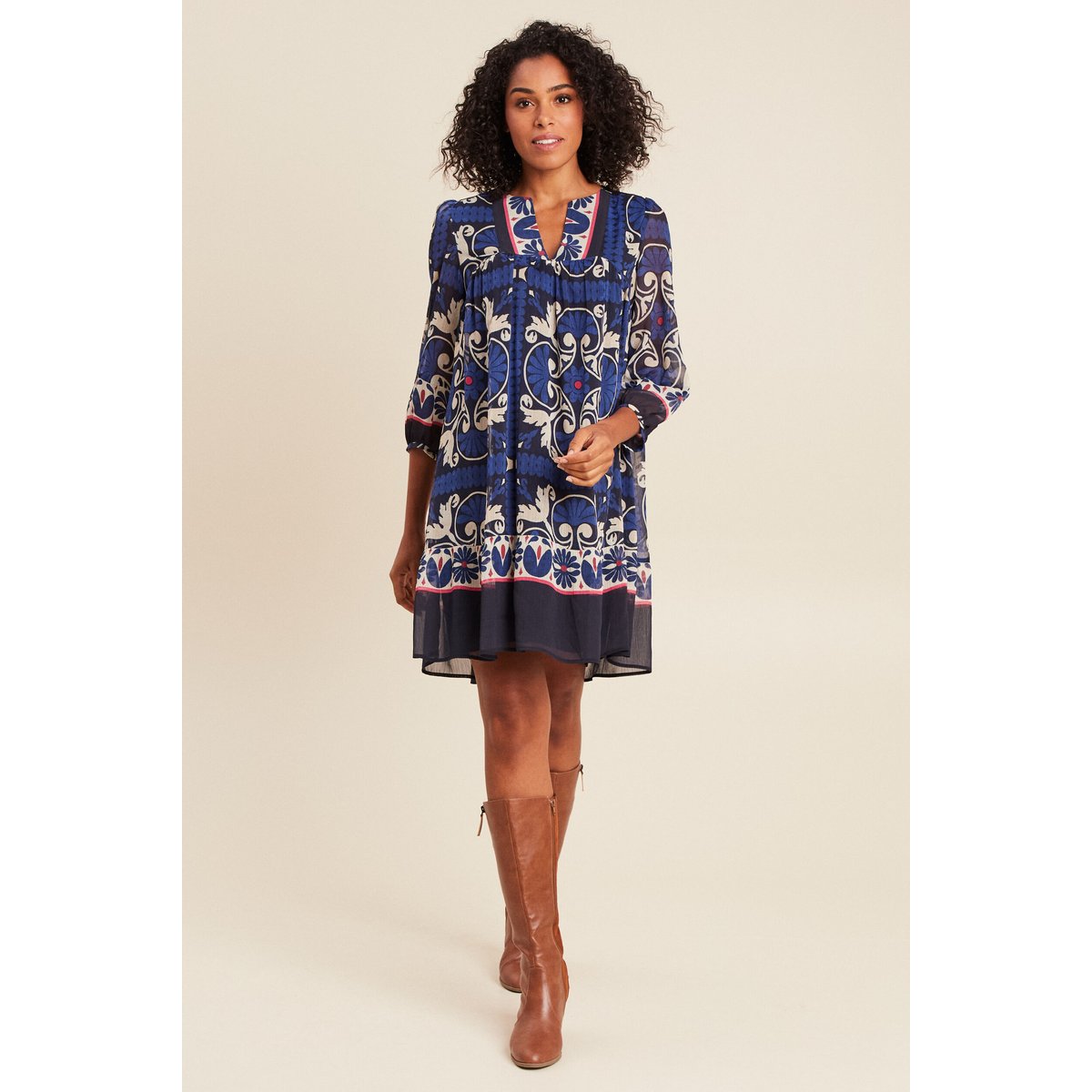 Robe courte évasée col tunisien bleu, BREAL