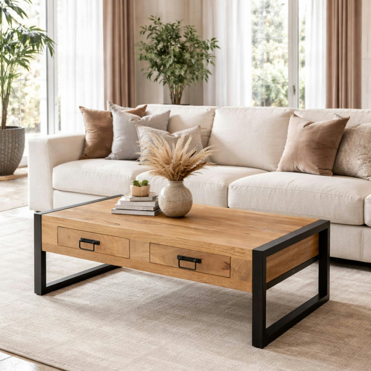 Table basse bois/métal 2 tiroirs MILORA bois clair, PIER IMPORT