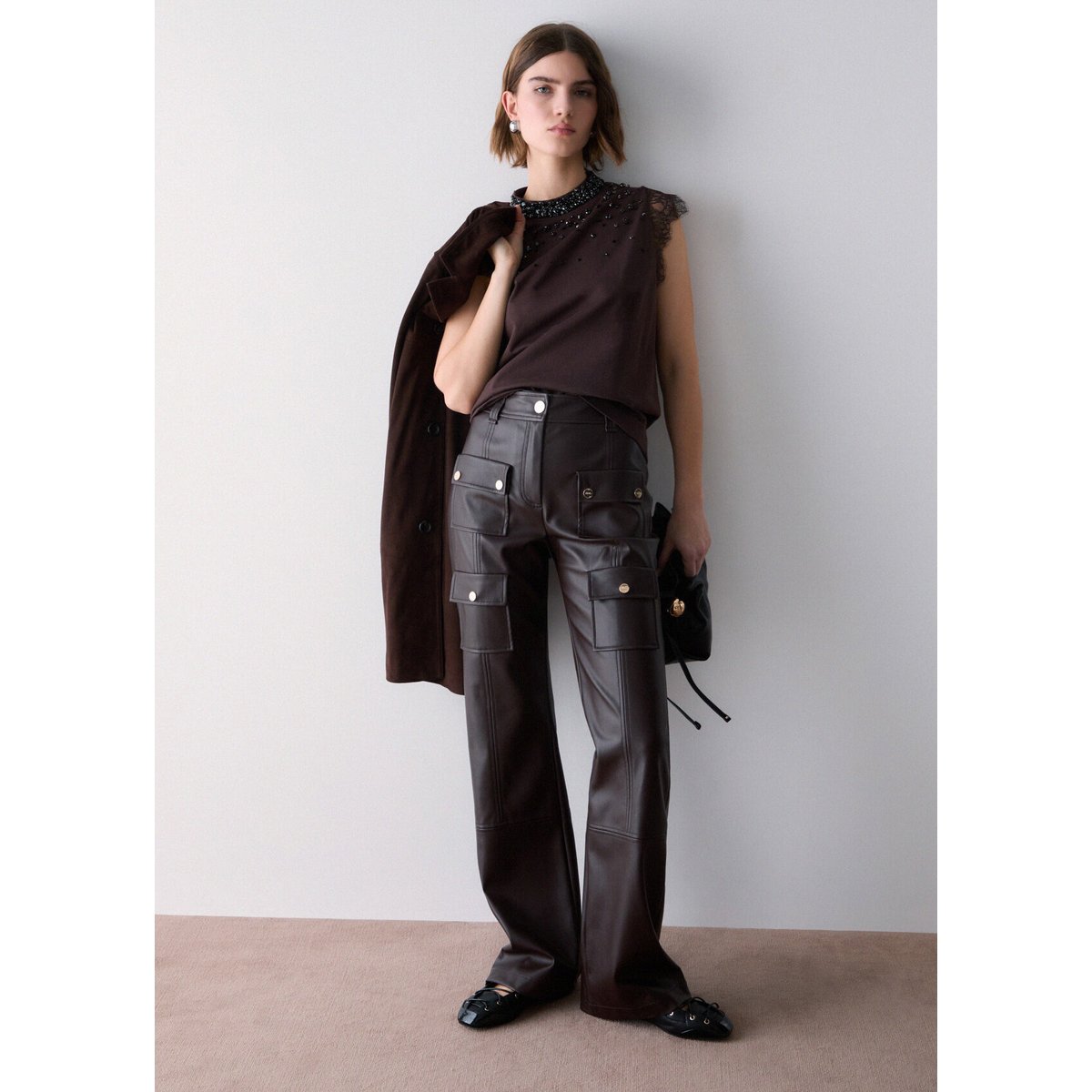 Pantalon en tissu enduit moka, LIU JO