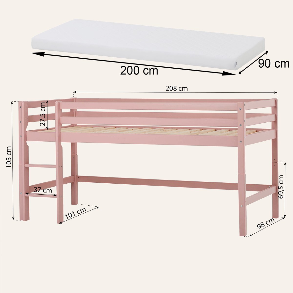 Lit Mi Hauteur pin massif ECO DREAM rose pâle, HOPPEKIDS