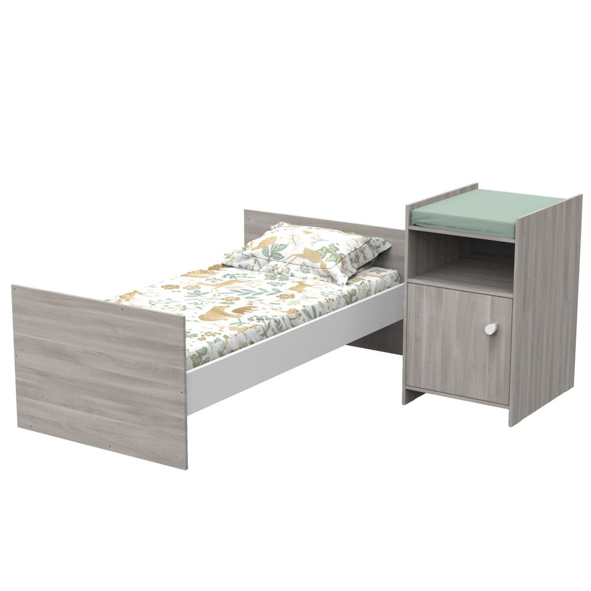 Lit combiné évolutif en décor bois avec commode à langer 1 porte gris, BABY PRICE
