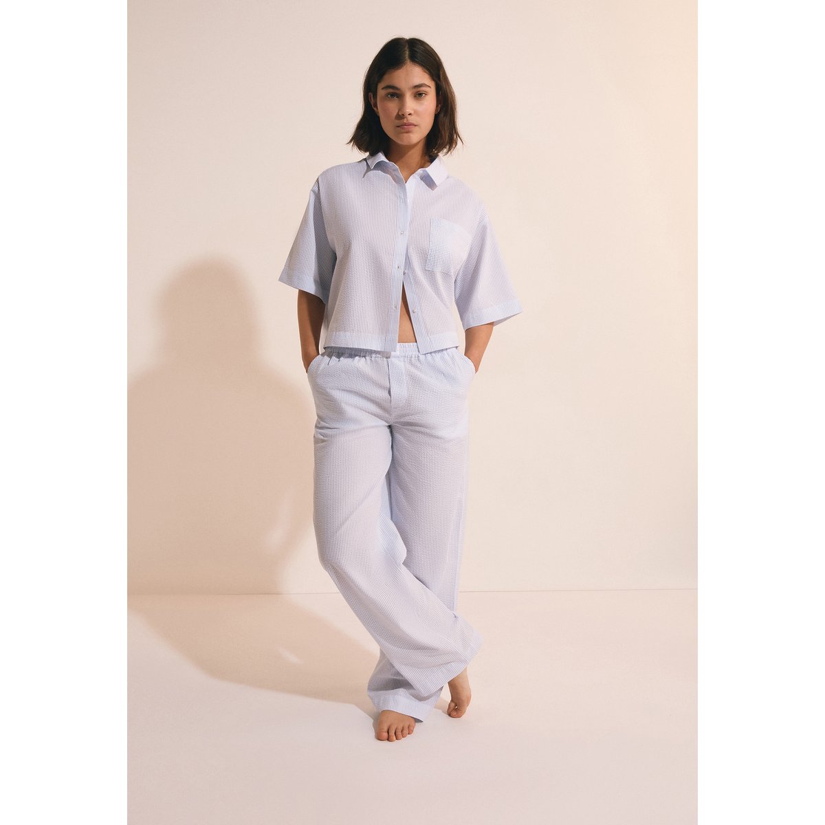 Pantalon de pyjama avec coton gaufré BETTINA bleu, ETAM