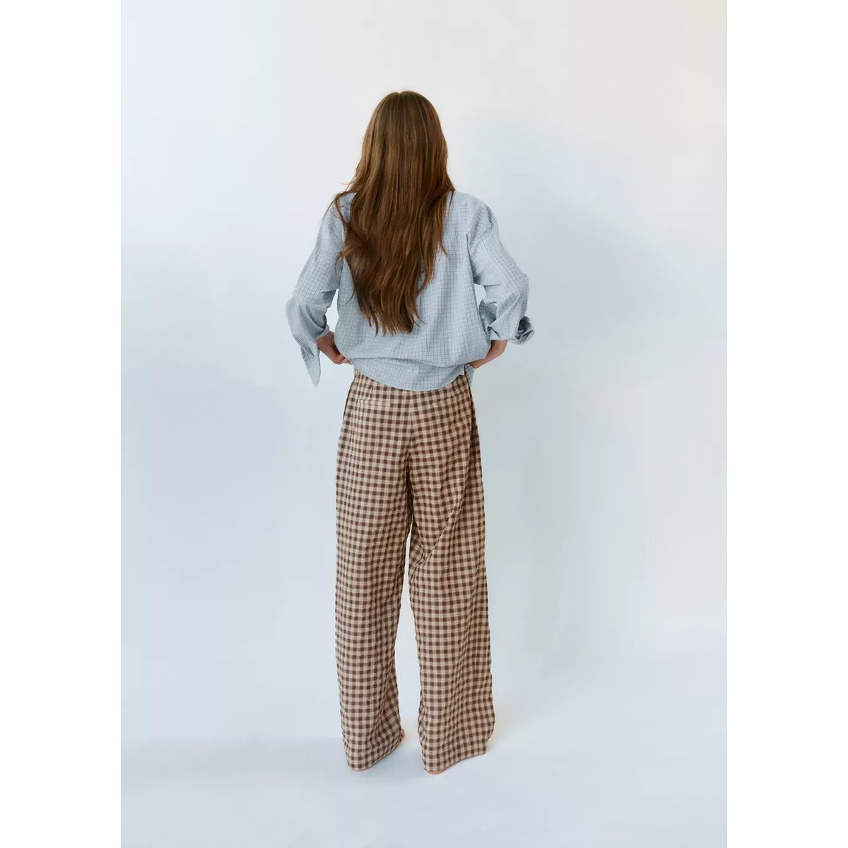 Pantalon droit à carreaux vichy marron, MANGO