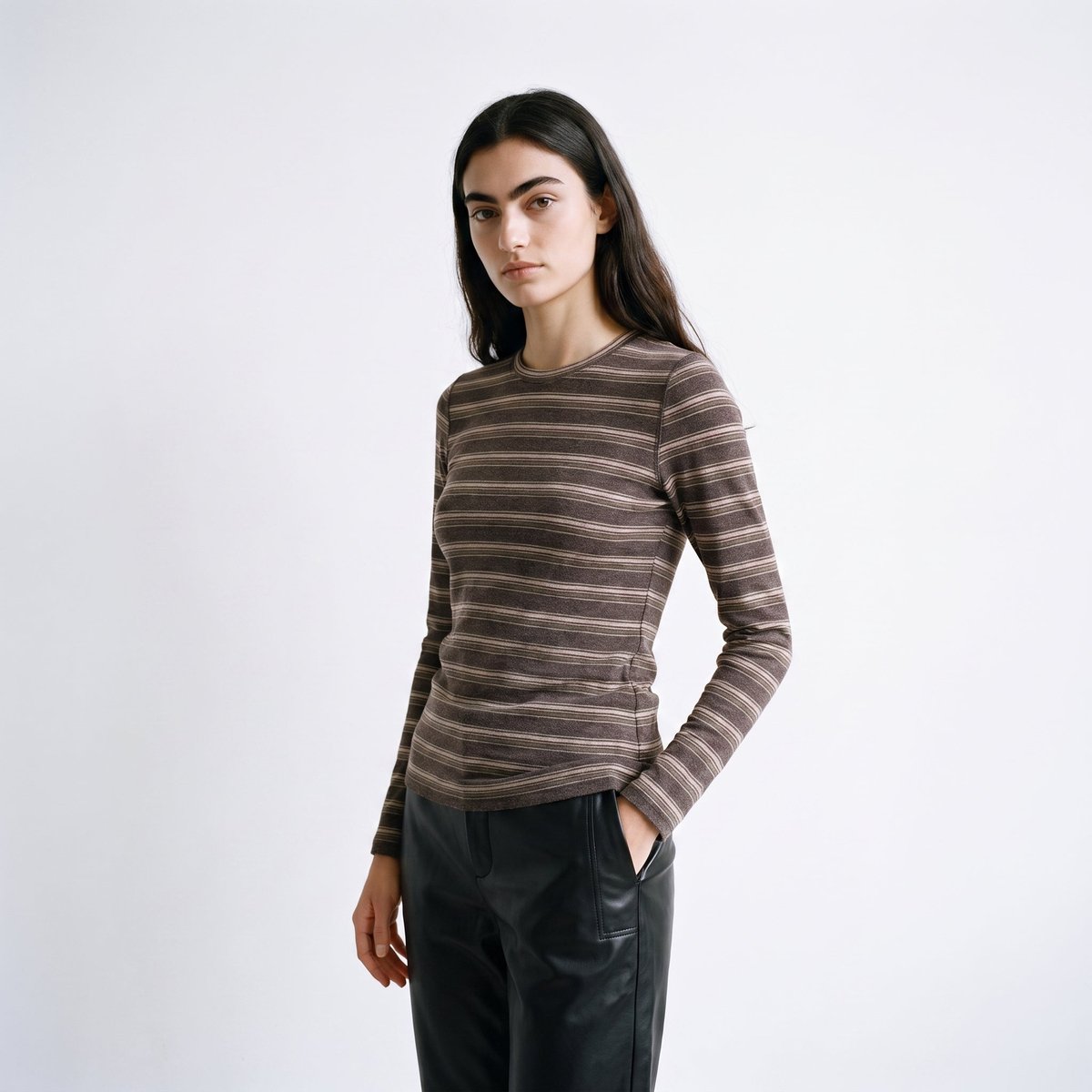 T-shirt ajusté rayé col rond manches longues MIRIA brown, ARTLOVE