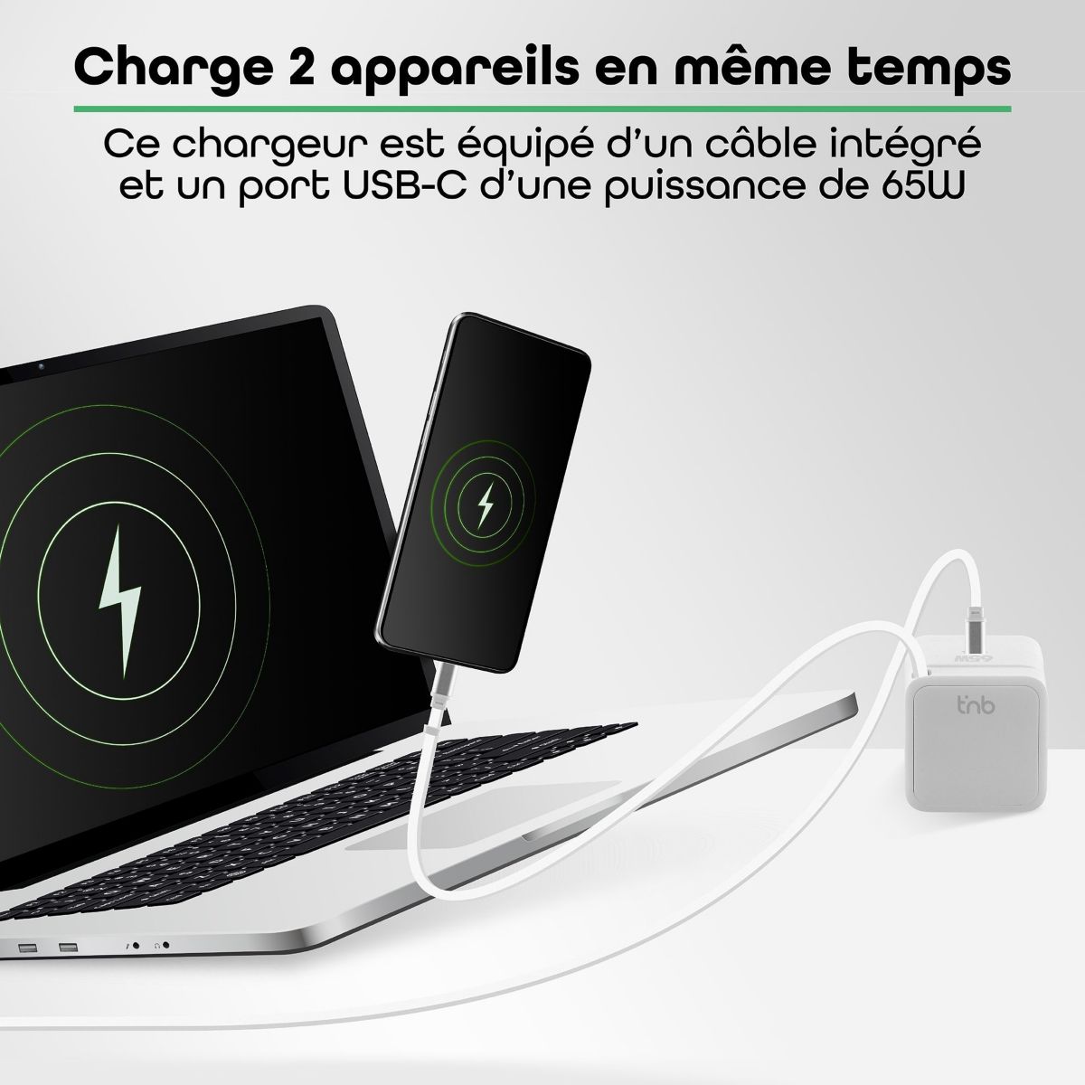 Chargeur + câble GAN USB-C charge rapide + cable 70cm couleur unique, TNB