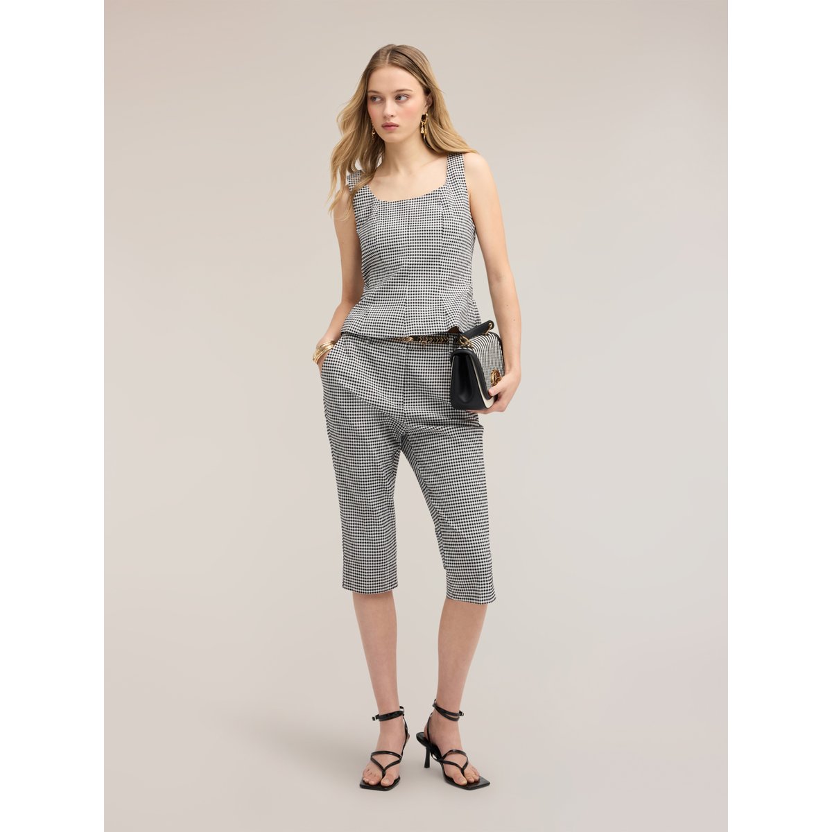 Pantalon capri à motif vichy noir, MOTIVI
