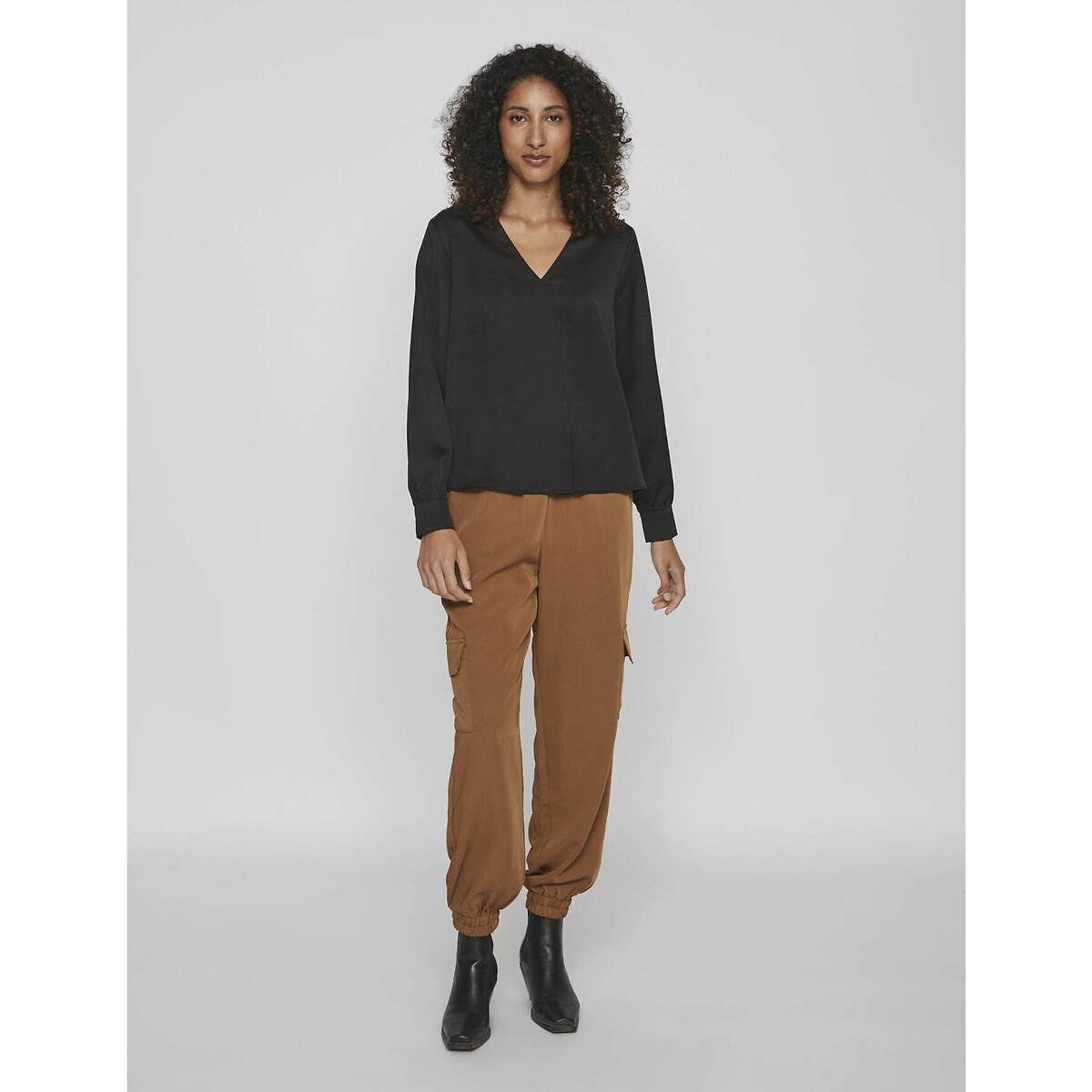 Recycled Satin V-Neck Blouse with Long Sleeves black, VILA