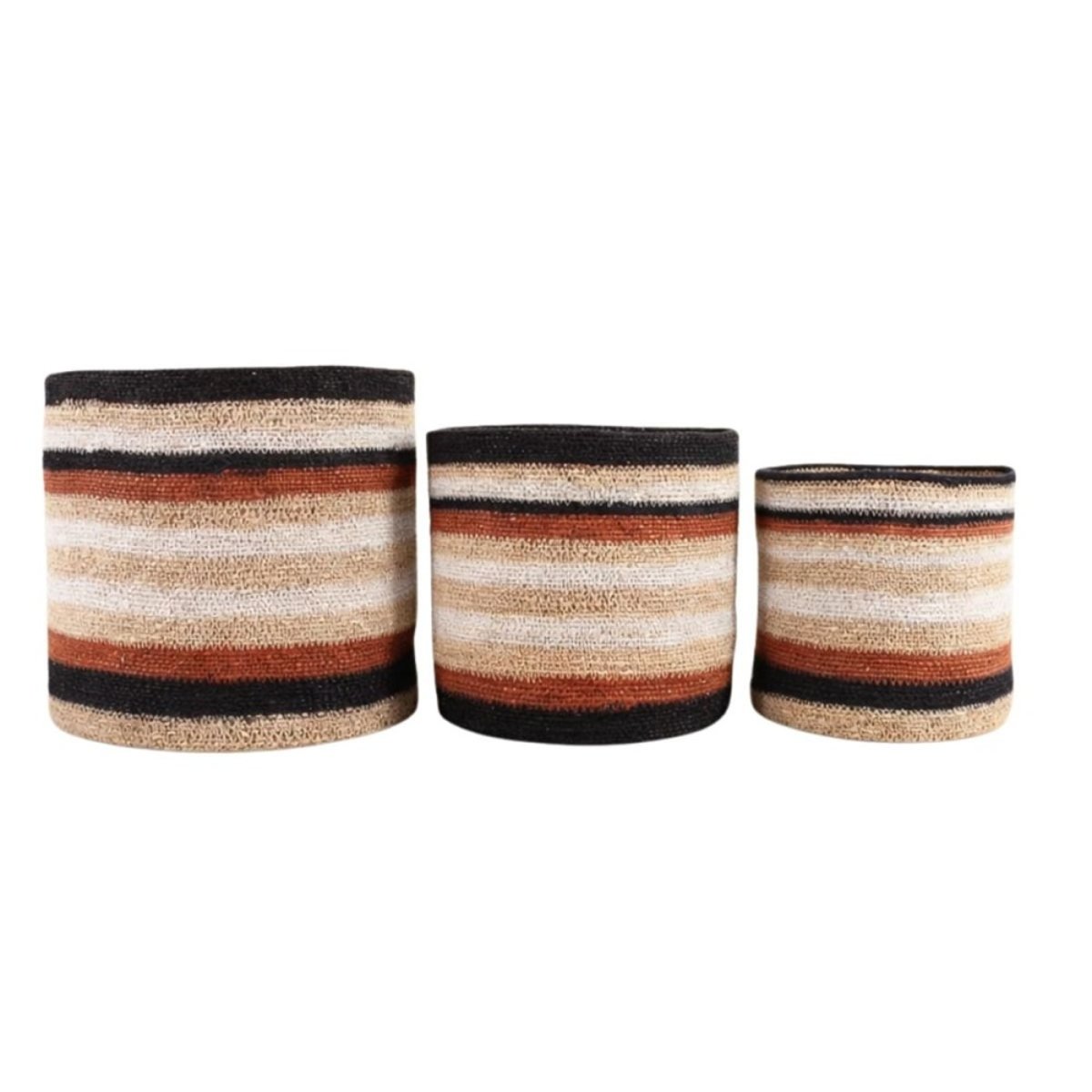 Set de 3 paniers rayé beige, marron en herbes marines marron, ORNAMI