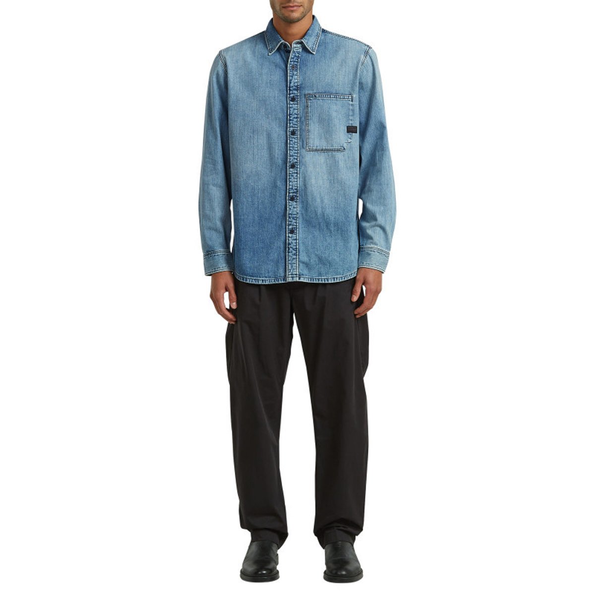 Chemise en jean en coton bleue unie avec une coupe droite et 1 poche bleu, G-Star RAW