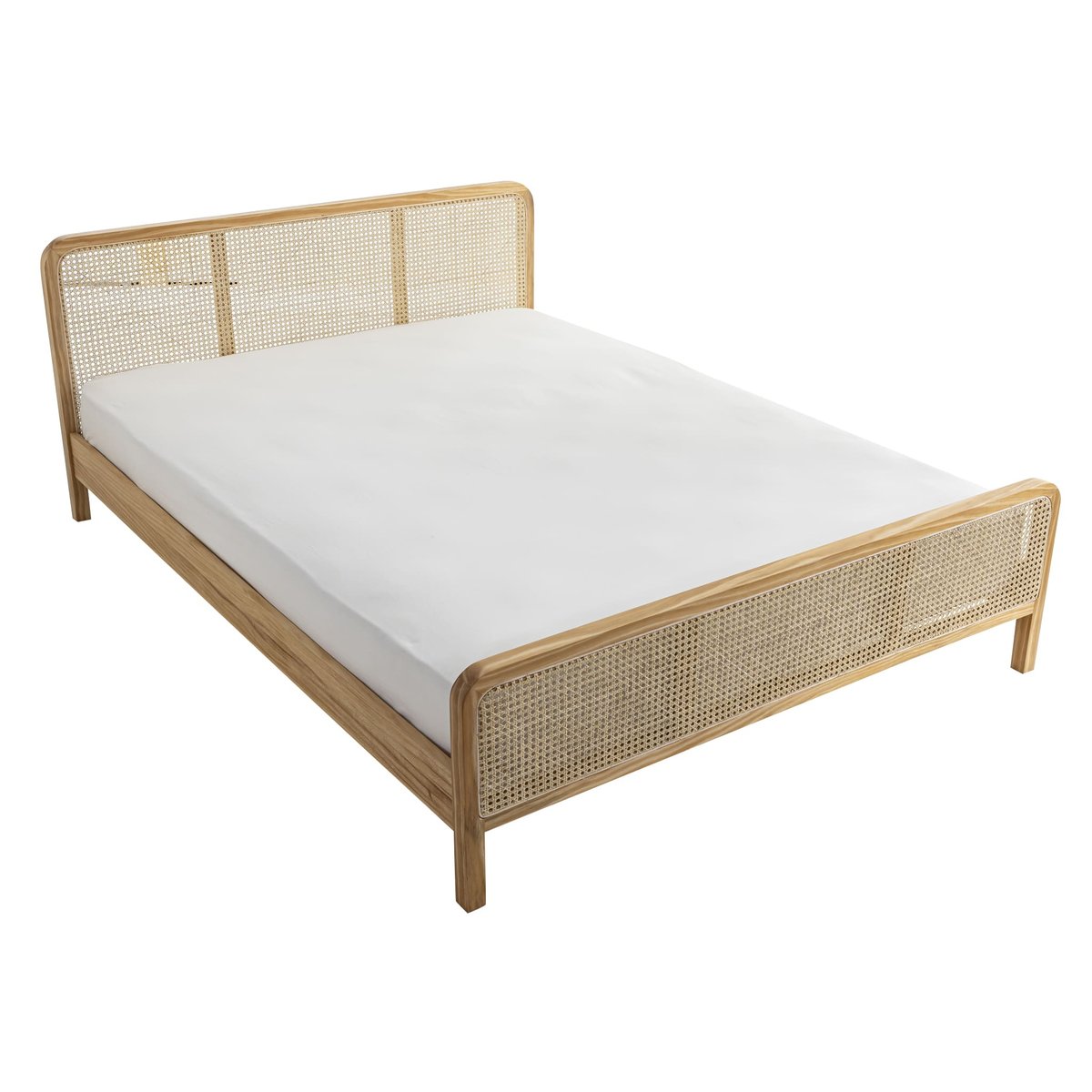 Lit en pin massif cannage avec 2 planches de chevet cannage - ANNA bois naturel, TERRE DE NUIT
