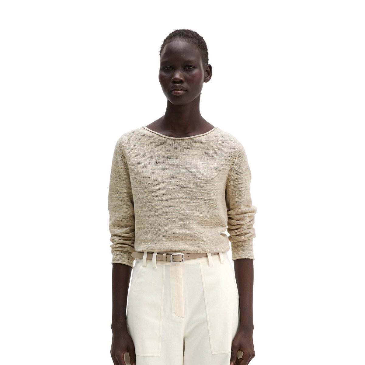 Pull slub slim en mélange de lin et de coton beige, MARC O'POLO