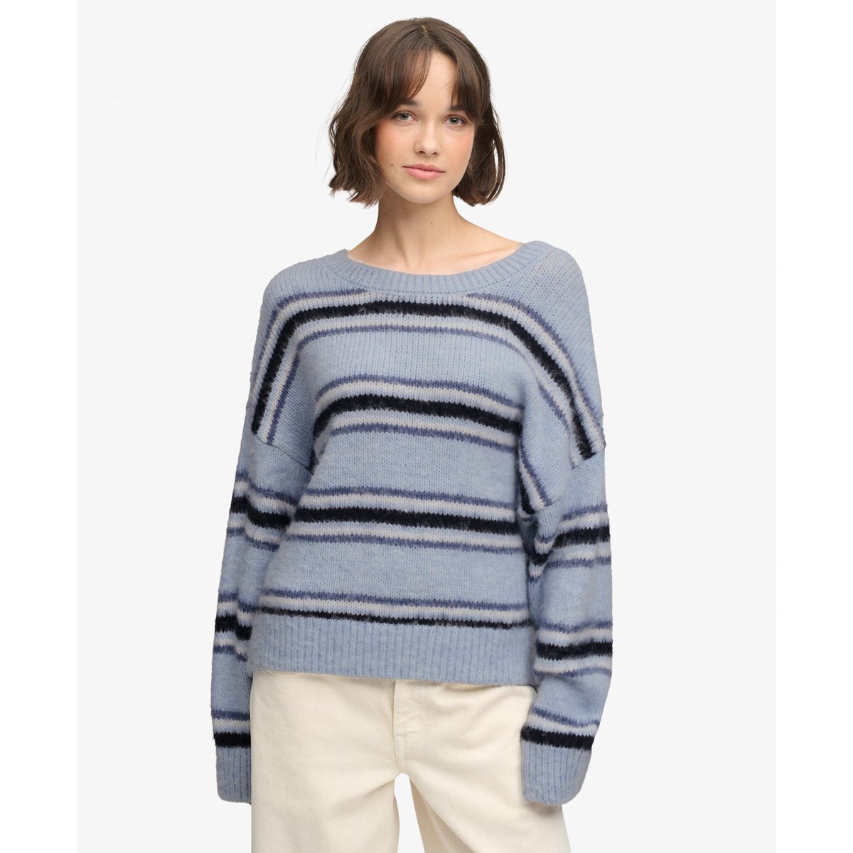 Pull Maille Rayée Coupe Décontractée rayure brume bleue, SUPERDRY